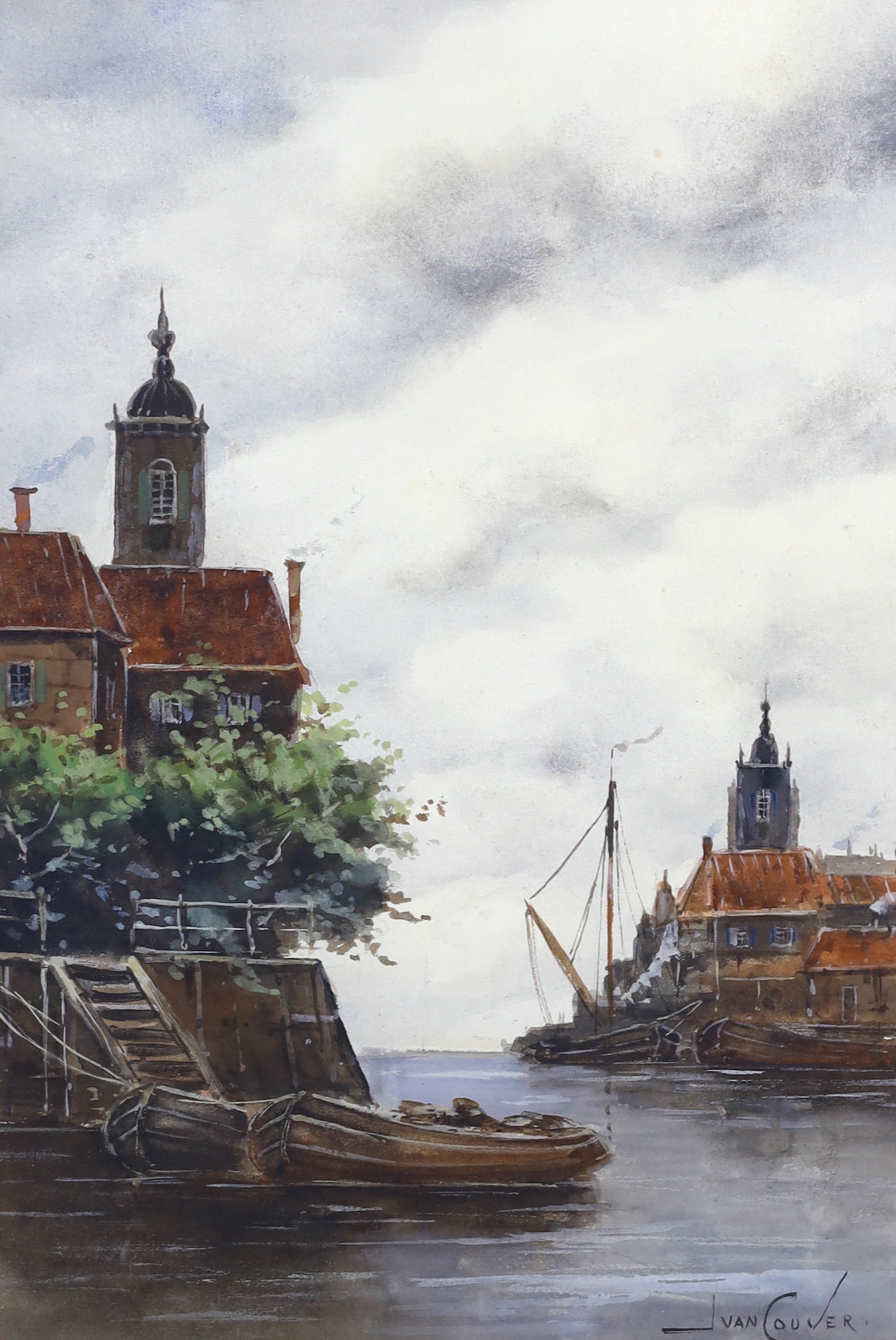 Jan Van Couver (Dutch, 1836-1909), pair of watercolours, River landscapes with barges, each signed, labels verso, 25 x 17cm